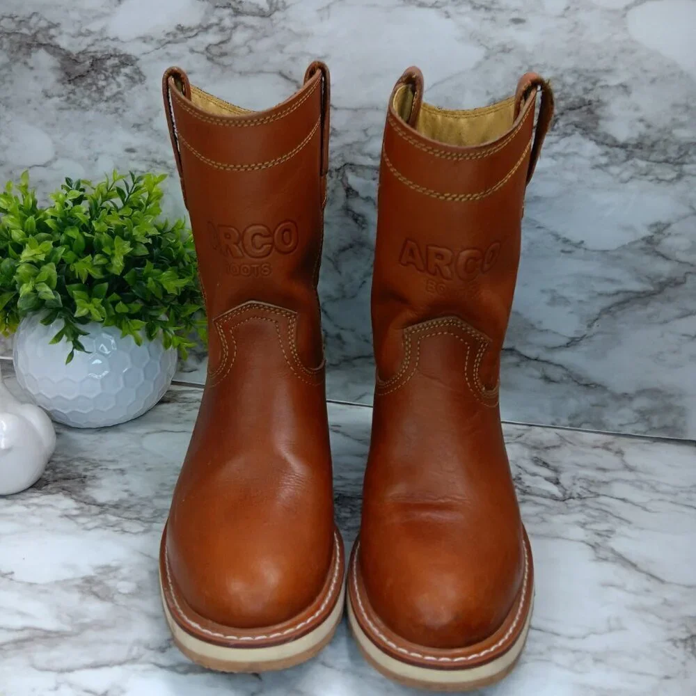 ARCO MEN'S WORK BOOTS ROUND TOE GENUINE LEATHER PULL ON SOFT TOE LIGHT BROWN 7